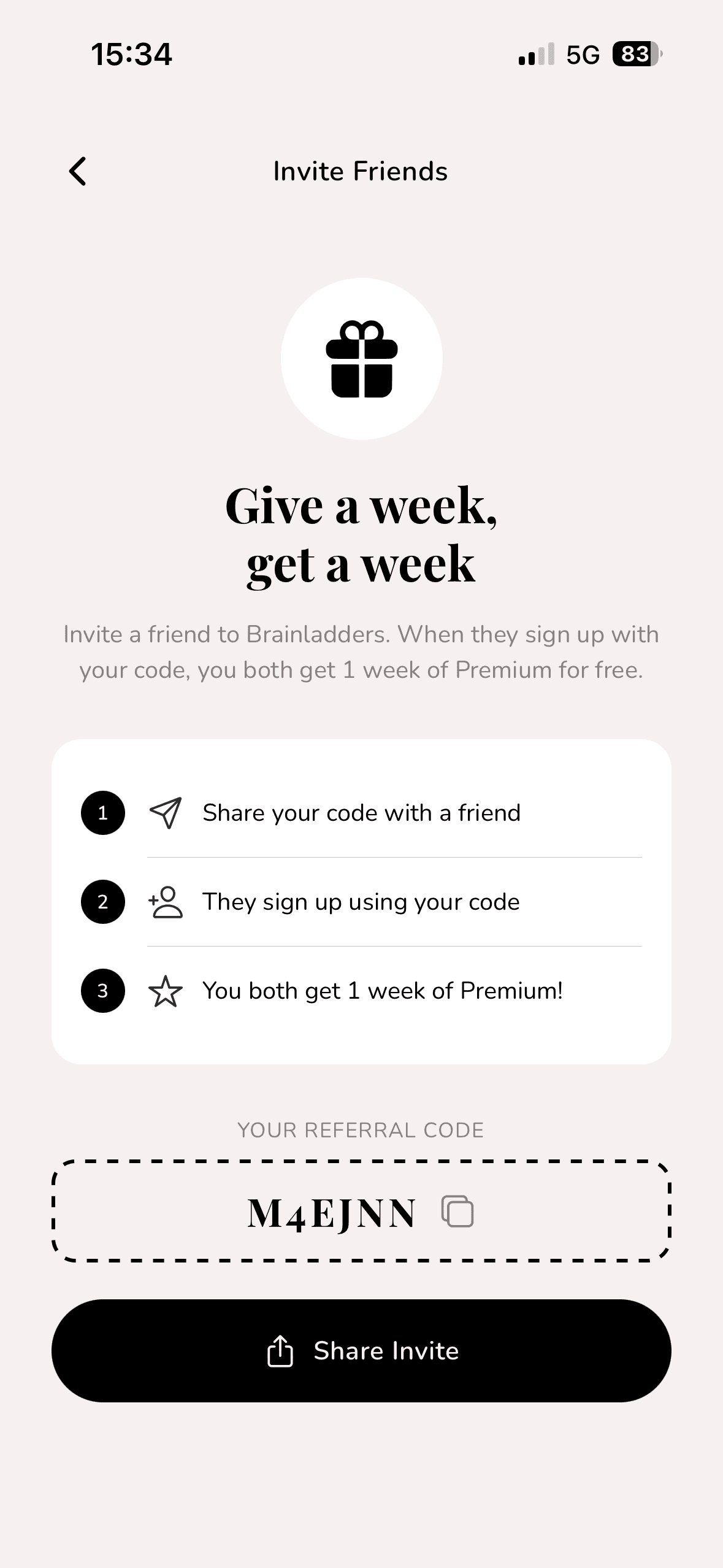 BrainLadders invite friends referral screen